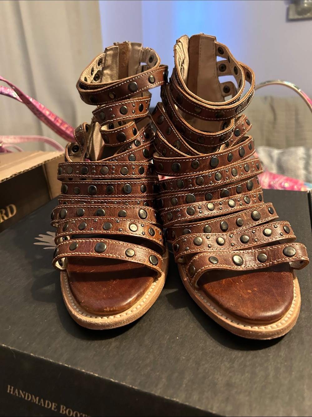 freebird Brown Studded Multi-Strap Gladiator Sandals